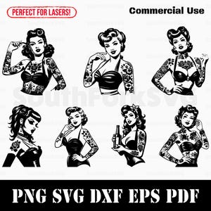 vintage tatouage pin-up filles SVG Bundle svg png dxf eps pdf | Illustration vectorielle découpée, impression, teinture, gravure laser, clip art, utilisation commerciale