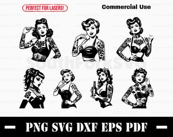 May include: Set of six black and white illustrations of pin-up style women with tattoos. Each woman is depicted in a different pose, with some holding objects like a bottle or a cigarette. The text "PERFECT FOR LASERS!" and "Commercial Use" is included in the image.