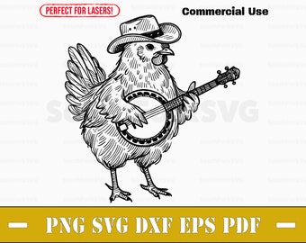 Chicken Playing Banjo svg png dxf eps pdf | laser engrave cut print files vector graphic clip art | download commercial use