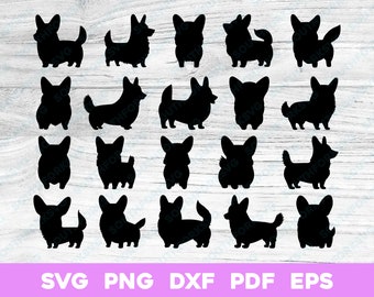 Op de afbeelding: Een set van 20 zwarte silhouetbeelden van Pembroke Welsh Corgis in verschillende poses. De afbeeldingen zijn perfect voor knutselprojecten, digitale downloads en meer.