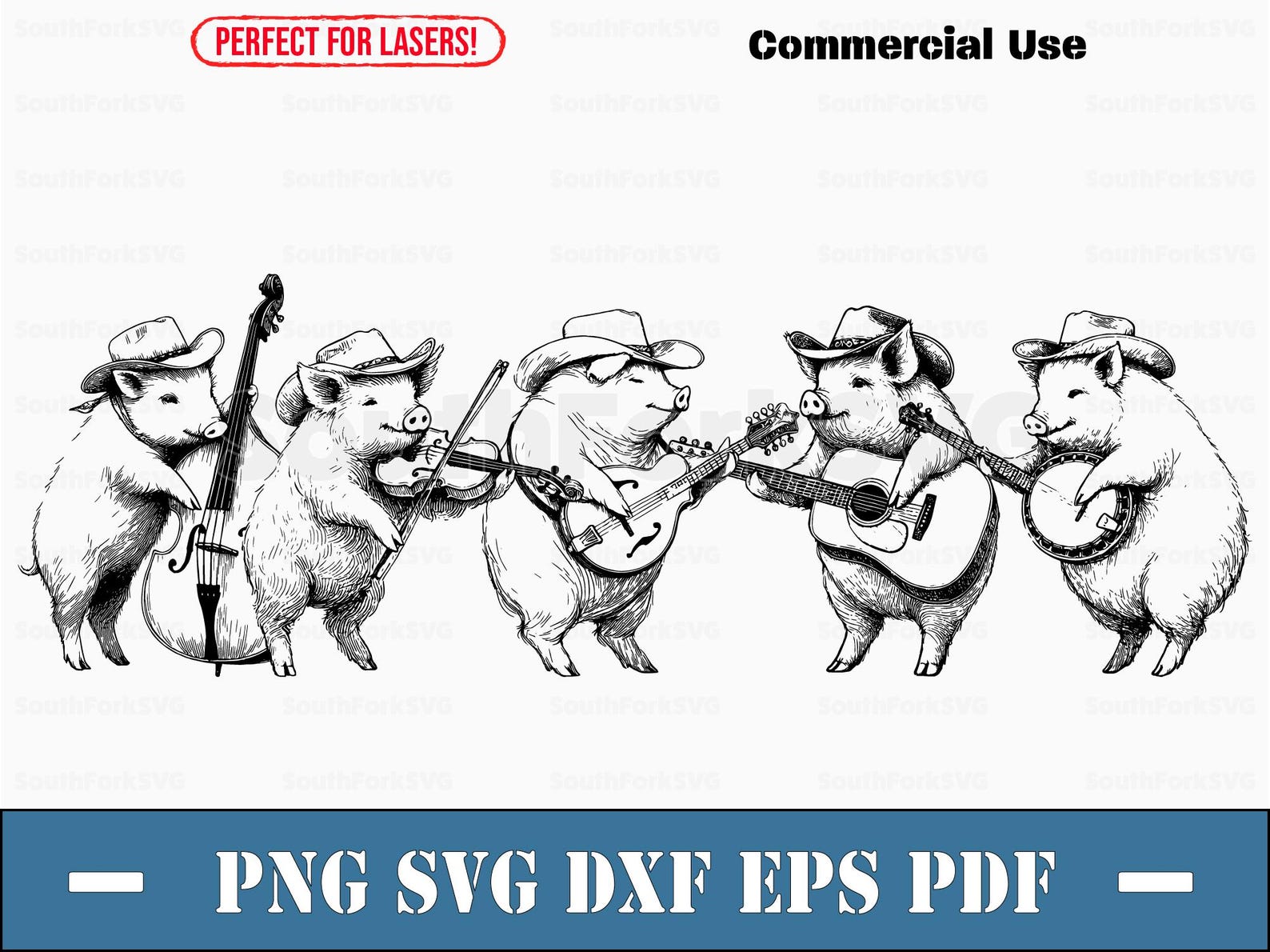 Pig Bluegrass Band Svg Png Dxf Eps Pdf | Laser Engrave Cut Print Files ...