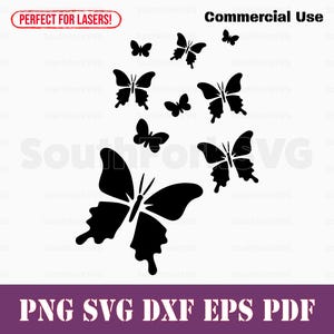 May include: A digital design file featuring a collection of black butterfly silhouettes. The butterflies are arranged in a scattered pattern, with one large butterfly in the center.