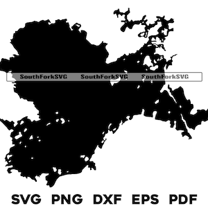 May include: A black silhouette of a landmass with detailed coastlines and small islands. The image includes the text "SouthForkSVG" in a horizontal bar across the landmass and the file types "SVG PNG DXF EPS PDF" below.