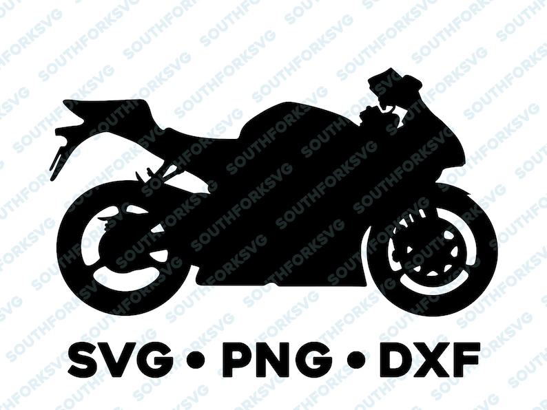 May include: Black silhouette of a motorcycle with a sleek design. The motorcycle has a large front wheel and a smaller rear wheel. The image includes the text "SVG.PNG.DXF".