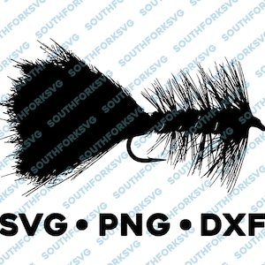 May include: Black and white silhouette of a fly fishing lure with feathers. The image includes the text "SVG • PNG • DXF".
