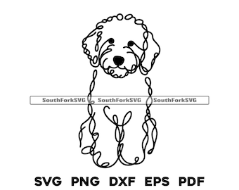 May include: Line art illustration of a poodle dog. The dog is drawn in a simple, minimalist style with a curly outline.