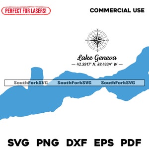 Meer van Genève, Wisconsin kaart met kompas & GPS-coördinaten svg png dxf pdf eps | vector grafisch ontwerp knippen print graveren laserbestanden
