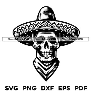 Tête de mort portant un sombrero | svg png dxf eps pdf | impression découpée au laser, gravure de sublimation graphique vectorielle | Téléchargement numérique utilisation commerciale