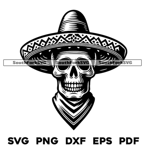 Skull Wearing Sombrero | svg png dxf eps pdf | laser cut print engrave dye sub vector graphic design | digital download commercial use