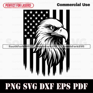 May include: Black and white graphic of an American flag with a bald eagle. The flag design features stars and stripes, and the eagle is centered. Text includes "Commercial Use" and file type options: PNG, SVG, DXF, EPS, and PDF.