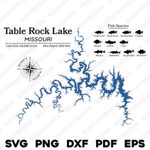 Table Rock Lake Missouri Kartendaten, Fischarten | Laserfertiger CNC-Druck Dye Sub | svg png dxf eps pdf | Sofort Download Kommerzielle Nutzung
