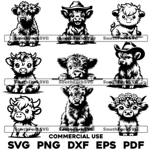 Baby Highland Cow Bundle Pack svg png dxf eps pdf | transparent vector graphic design cut print dye sub laser engrave files commercial use
