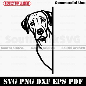 Könnte beinhalten: Schwarz-Weiß-Illustration eines Hundekopfes, der hinter einer vertikalen Linie hervorschaut. Das Bild enthält den Text "Commercial Use" und "SVG PNG DXF EPS PDF". Der Text "Perfect for Lasers!" ist ebenfalls vorhanden.