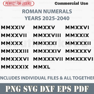 Romeinse cijfers jaren 2024-2040 svg png dxf eps pdf | lasergraveren gesneden afdrukbestanden vector grafische illustraties digitale download commercieel gebruik