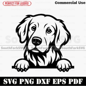 Puede incluir: Gráfico en blanco y negro de un perro, probablemente un Golden Retriever. La imagen incluye el texto "SVG PNG DXF EPS PDF" y "Commercial Use". El diseño es adecuado para corte por láser.