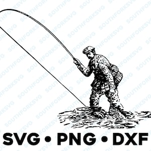 Fliegen Fischer Landung Forelle SVG PNG DXF Vektorgrafik Design Schnittdatei Silhouette Fliegenfischen Fliegen Fischköder Stange Forelle Lachs Bass