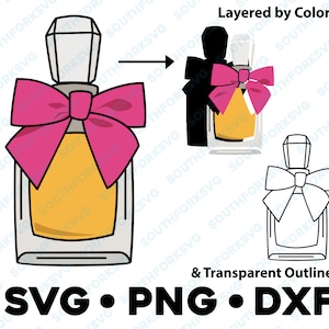 Schattig boog parfumflesje SVG PNG DXF gelaagd op kleur gesneden bestand Clip Art vectorafbeelding schattig pictogram portemonnee borstel make-up lippen lippenstift kleding