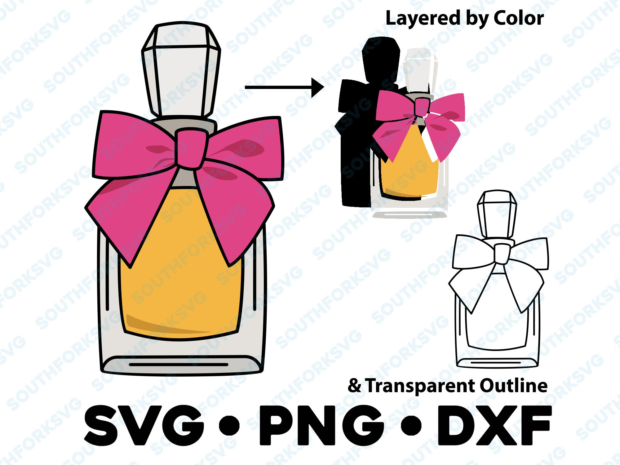 Bottiglia di profumo con fiocco carino SVG PNG DXF a strati con colore File di taglio Clip Art Grafica vettoriale Icona carina Borsa Pennello Trucco Labbra Rossetto Abbigliamento