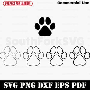 Może przedstawiać: Kolekcja wzorów odcisków łap w kolorze czarnym i konturowym. Obraz zawiera tekst "Commercial Use" i "SVG PNG DXF EPS PDF". Czerwony baner głosi "Perfect for Lasers!"