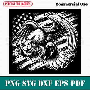 Puede incluir: Ilustración en blanco y negro de un águila con las alas extendidas, posada sobre un fondo de bandera estadounidense desgastado. El águila mira hacia adelante con las garras extendidas.