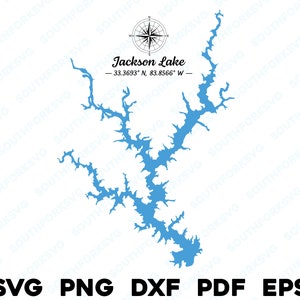 Mapa de Jackson Lake Georgia Silhueta svg png dxf pdf eps design gráfico vetorial corte gravura arquivo de imagem a laser barco lago casa