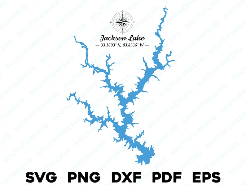May include: A blue map of Jackson Lake with a compass rose and the lake's name and coordinates. The image includes the text "SVG PNG DXF PDF EPS" at the bottom, indicating file formats.