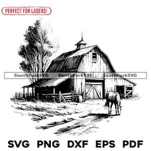 Fichier de gravure au laser Cheval et scène de grange | svg png dxf eps pdf | Conception graphique vectorielle transparente teinture imprimée sous utilisation commerciale