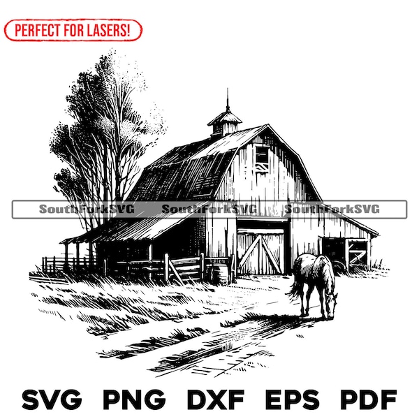 Laser Engrave File Horse and Barn Scene | svg png dxf eps pdf | transparent vector graphic design cut print dye sub commercial use