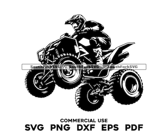 May include: Black and white illustration of a person riding an ATV. The ATV has four wheels and a rider wearing a helmet.