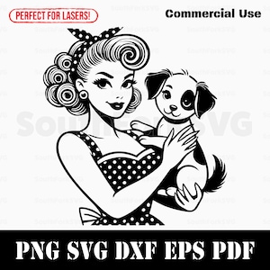 Retro Girl with Dog Design svg png dxf eps pdf Files | Cut Print Laser Engraving CNC Dye Sub Vinyl | Instant Download Commercial Use