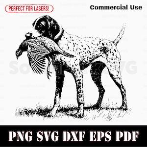 Peut inclure: Illustration en noir et blanc d'un chien de chasse avec un faisan dans sa gueule. Le chien est debout dans un champ d'herbe.