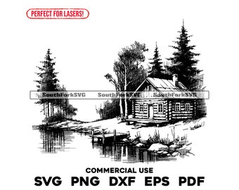 Old Lake Cabin Laser Engrave File svg png dxf eps pdf | vector graphic design cut print dye sub laser engrave cnc digital commercial use