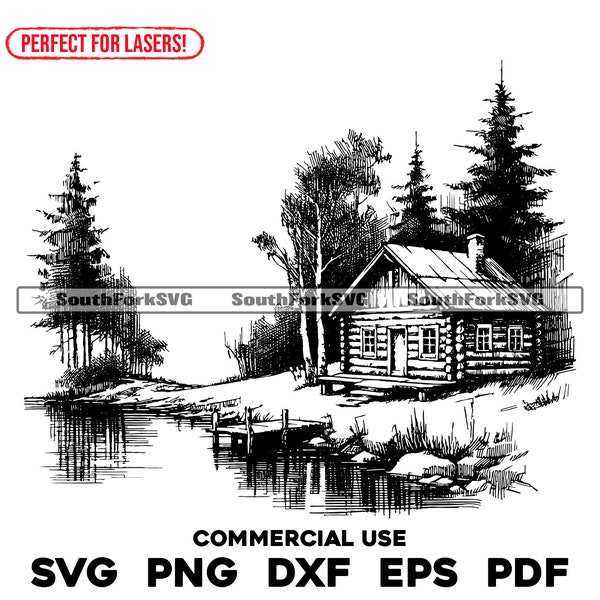 Old Lake Cabin Laser Engrave File svg png dxf eps pdf | vector graphic design cut print dye sub laser engrave cnc digital commercial use