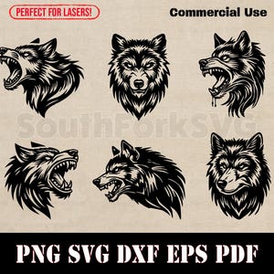 May include: Six black and white wolf head illustrations. Each wolf head is facing a different direction. The text "PERFECT FOR LASERS!" and "Commercial Use" is at the top of the image.