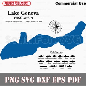 ウィスコンシン州ジェネバ湖の地図データ、魚種 | レーザー対応 CNC プリント ダイサブ | svg png dxf eps pdf | 即時ダウンロード 商用利用