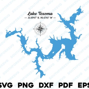 Lago Texoma Texas Oklahoma Mapa Forma Silueta svg png dxf pdf eps vector diseño gráfico corte grabado archivo láser imagen ing barco lago casa