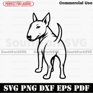 May include: A black and white line drawing of a Bull Terrier dog, seen from behind. The image includes the text "Commercial Use" and "SVG PNG DXF EPS PDF". The text "SouthForkSVG" is also present.