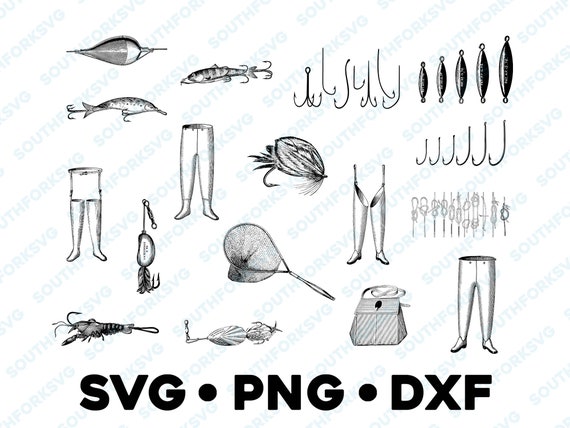 Vintage Fishing Gear Bundle SVG PNG DXF Transparent Vector Graphic Design  Fly Fishing Lure Net Waders Flies 