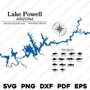 アリゾナ州パウエル湖の地図データ、魚種 | レーザー対応 CNC プリント ダイサブ | svg png dxf eps pdf | 即時ダウンロード 商用利用