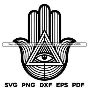 Puede incluir: Una ilustración en blanco y negro de la mano de Hamsa con un ojo dentro de un triángulo.