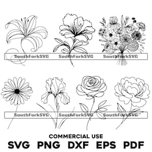 Pakiet Flower Line Art SVG PNG DXF EPS PDF | Grafika wektorowa Cięty plik Laser Clip Art | Natychmiastowe pobieranie cyfrowe do użytku komercyjnego