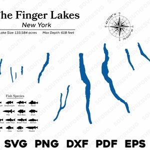 Données cartographiques des Finger Lakes, New York Espèces de poissons | Sub-colorant pour impression CNC prête pour le laser | svg png dxf eps pdf | Téléchargement instantané Utilisation commerciale
