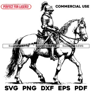 May include: Black and white line art illustration of a knight in armor riding a horse. The knight is holding a sword and the horse is walking forward.