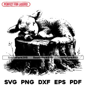 Baby lam slapen op boomstronk lasergraveren bestanden svg png dxf eps pdf | grafisch gesneden print dye sub laser cnc-bestanden commercieel gebruik