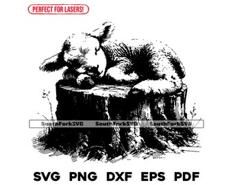 Baby Lamb Sleeping on Tree Stump Laser Engrave Files svg png dxf eps pdf | graphic cut print dye sub laser cnc files commercial use