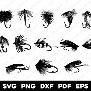 May include: A set of 12 black and white fly fishing lure silhouettes. The lures are various styles with feathers and hooks.
