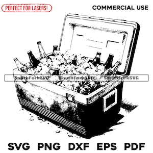 May include: A black and white illustration of a cooler full of bottles. The cooler is open and the bottles are spilling out. The cooler has a handle and a latch. The bottles are all different shapes and sizes. The illustration is in a vintage style.