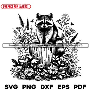 Raton laveur sur souche fichier laser svg png dxf eps pdf | Conception graphique vectorielle découpée, impression, teinture, gravure, fichiers numériques cnc, utilisation commerciale