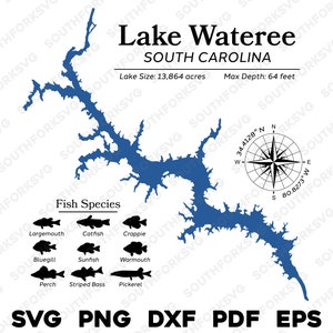 Lake Wateree South Carolina Map Data, Fish Species | Laser Ready CNC Print Dye Sub | svg png dxf eps pdf | Instant Download Commercial Use