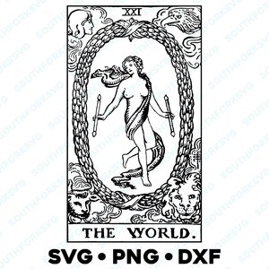 La carta del tarot mundial Major Arcana Rider Waite Deck SVG PNG DXF Fondo transparente / Imagen de diseño gráfico vectorial adivinatorio